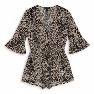 EXPRESS Leopard Print Wrap Romper Bell Sleeve Drawstring Waist medium